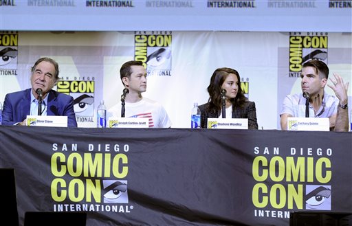 Director  writer Oliver Stone from left Joseph Gordon-Levitt Shailene Woodley and Zachary Quinto attend the'Snowden panel on day 1 of Comic Con International on Thursday