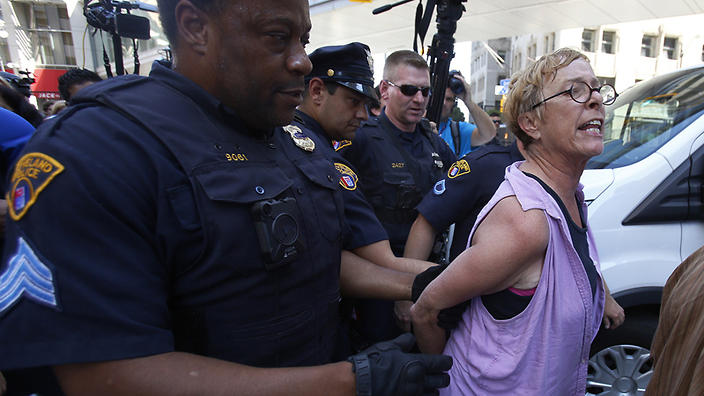 Eighteen protesters have been arrested at the Republican convention after scuffling with police