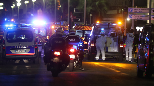 Emergency services respond after a lorry drives through crowds at celebrations in Nice