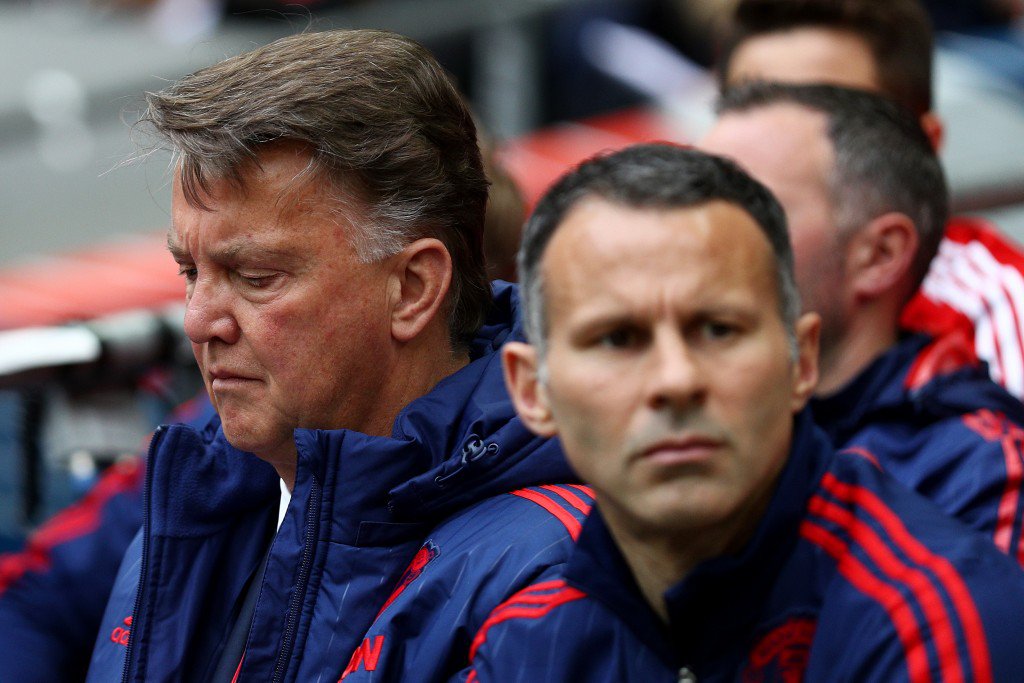 LONDON ENGLAND- MAY 21 Louis van Gaal manager of Manchester United and Ryan Giggs assistant manager of Manchester United look on prior to The Emirates FA Cup Final match between Manchester United and Crystal Palace at Wembley Stadium