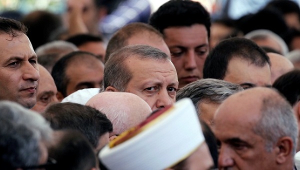 Turkish President Recep Tayyip Erdogan attends a funeral service for victims of the thwarted coup in Istanbul at Fatih Mosque in Istanbul Turkey