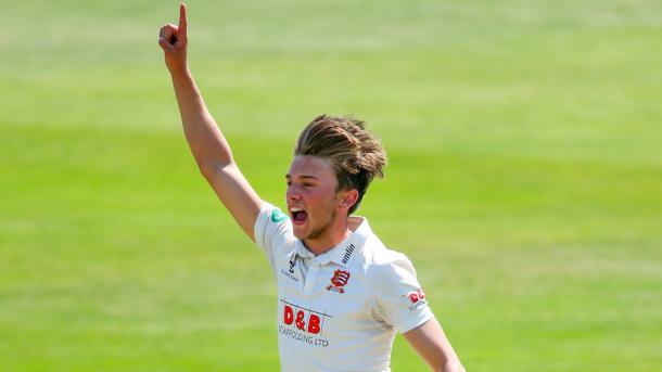 Esses youngster Aaron Beard celebrates claiming a wicket against Sri Lanka