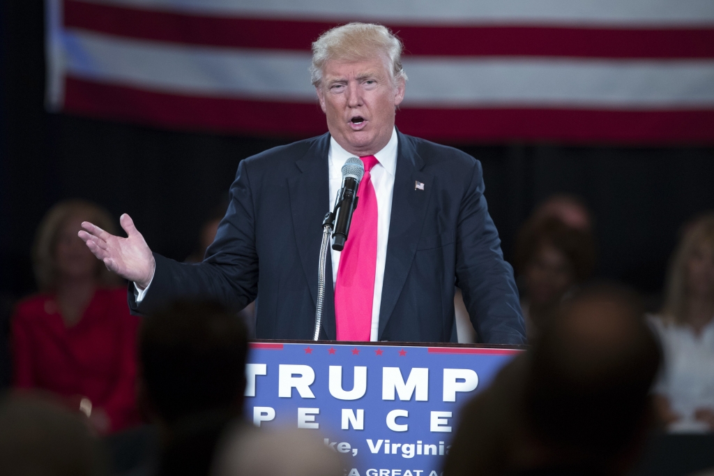 Republican presidential candidate Donald Trump speaks during a town hall