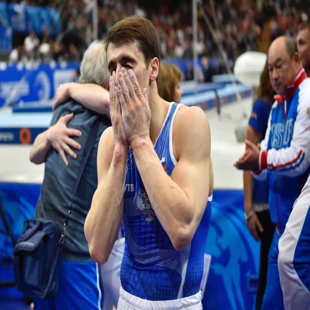 Russia's Nikolai Kuksenkov performs during the Mens Parallel Bars competition of the European Artistic Gymnastics Championships 2016 in Bern Switzerland