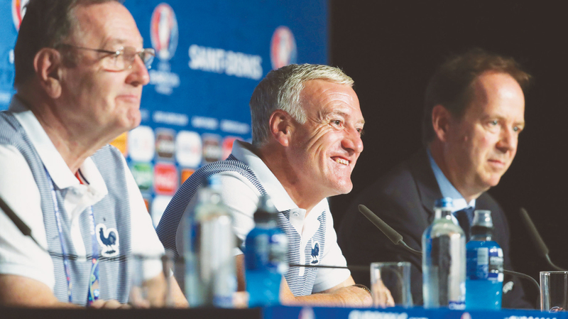 FRANCE coach Didier Deschamps smiles during a news conference at the Stade de France on Saturday.—Reuters