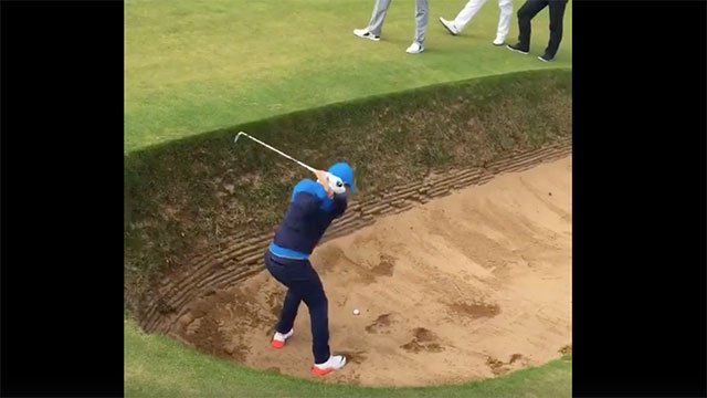 Facebook  Sky Sports   
  
   Rory Mc Ilroy took six shots to escape the bunker at the 8th hole the famous'postage stamp