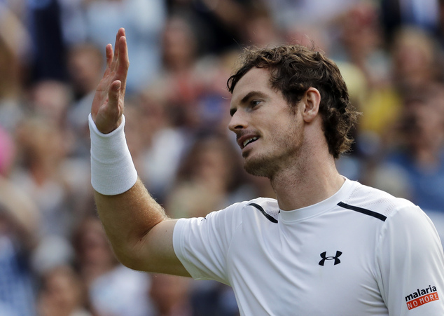 Andy Murray of Britain celebrates after beating Tomas Berdych of the Czech Republic in their men's semifinal singles match on day twelve of the Wimbledon Ten