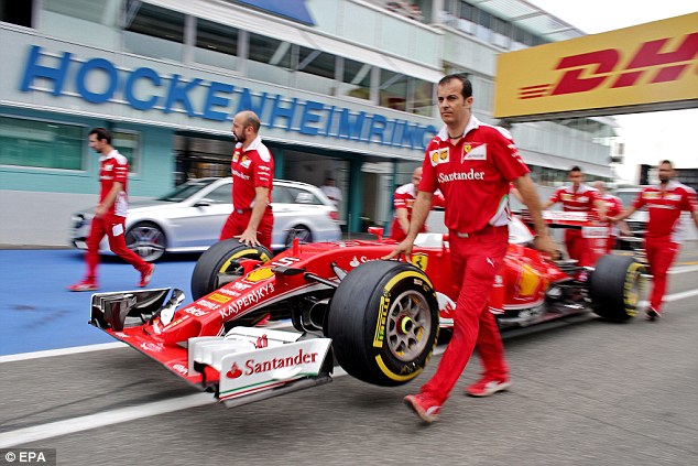 Ferrari wheel their car on a skateboard down the pitlane prior to this weekend's German Grand Prix