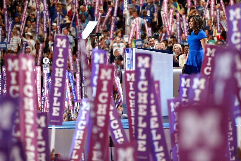 First lady Michelle Obama delivers remarks on the first day of the Democratic National Convention at the Wells Fargo Center