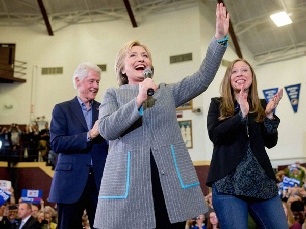 Former US president Bill Clinton current Democratic presidential nominee Hillary Clinton and their daughter Chelsea Clinton