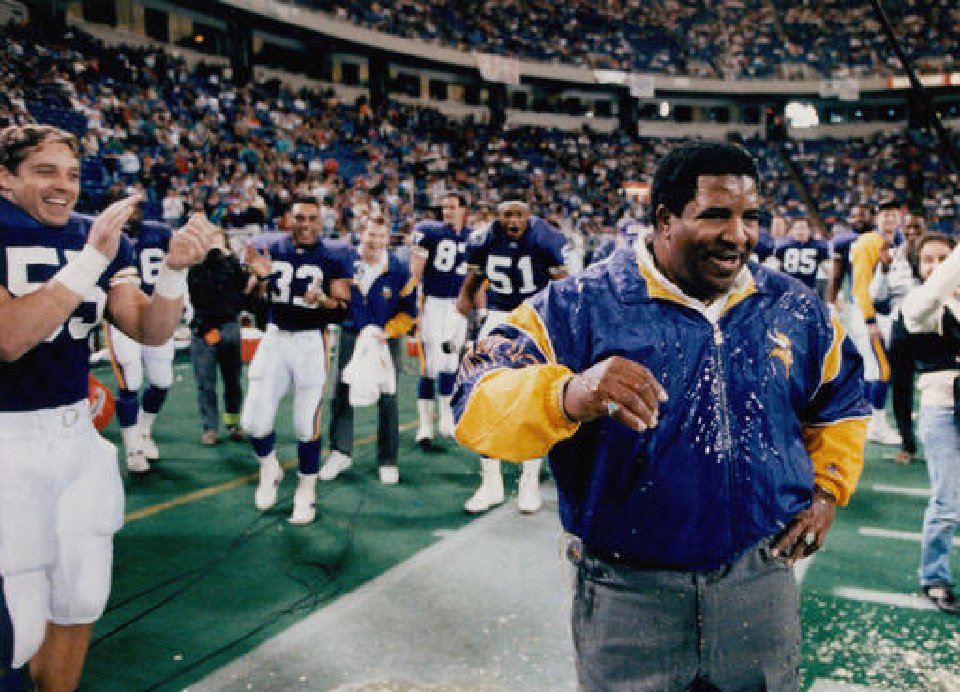 Minnesota Vikings coach reacts after being doused after a 27-7 win over the Green Bay Packers at the Metrodome in Minneapolis. Green a trailblazing coach who led a Vikings renaissance in the 1990s and also coached the