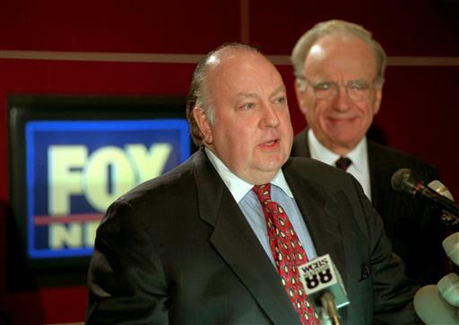 Roger Ailes left speaks at a news conference as Rupert Murdoch looks on after it was announced that Ailes will be chairman and CEO of Fox News. 21st Century Fox said Thursday Ju