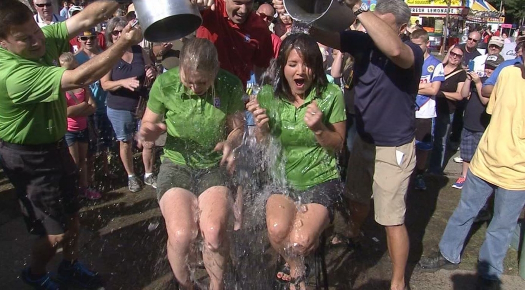 Fox 9 morning reporter M.A. Rosko and Fox 9 anchor Alix Kendall take the ALS Ice Bucket Challenge at the Minnesota State Fair