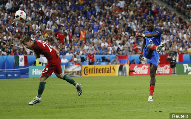 France's Paul Pogba shoots at goal