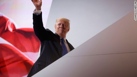 Republican presidential candidate Donald Trump waves as he leaves the stage during the Republican National Convention Monday