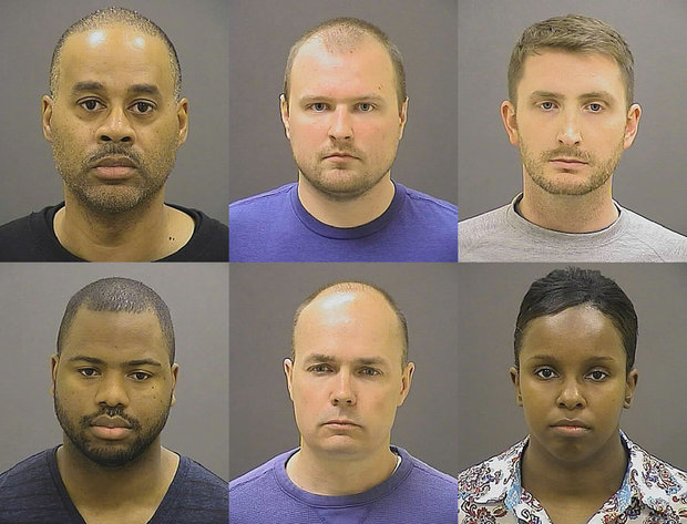 Police officers top row from left Caesar R. Goodson Jr. Garrett E. Miller and Edward M. Nero and bottom row from left William G. Porter Brian W. Rice and Alicia D. White