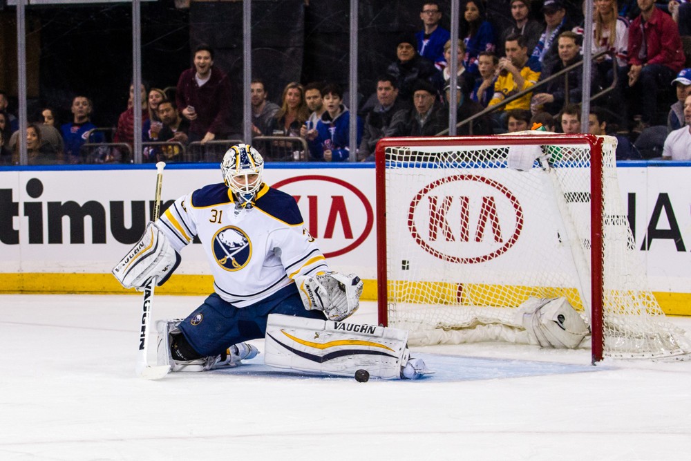 Buffalo Sabres Goalie Chad Johnson  with a save during an Eastern Conference match-up between the Buffalo Sabres and the New York Rangers at Madison Square Garden in New York NY. The NY Rangers lost to the Buffalo Sabres 4-3