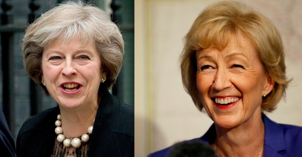 From left British Home Secretary Theresa May British ruling Conservative Party Member of Parliament Andrea Leadsom