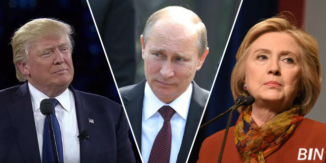 From left Donald Trump Vladimir Putin and Hillary Clinton