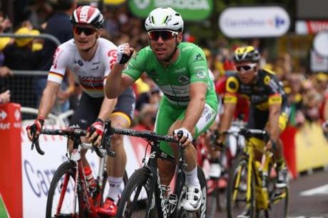 ANGERS FRANCE- JULY 04 Mark Cavendish of Great Britain and Team Dimension Data celebrates the stage win from Andre Greipel of Germany and Lotto Soudal during stage three of Le Tour de France from Granville to Angers