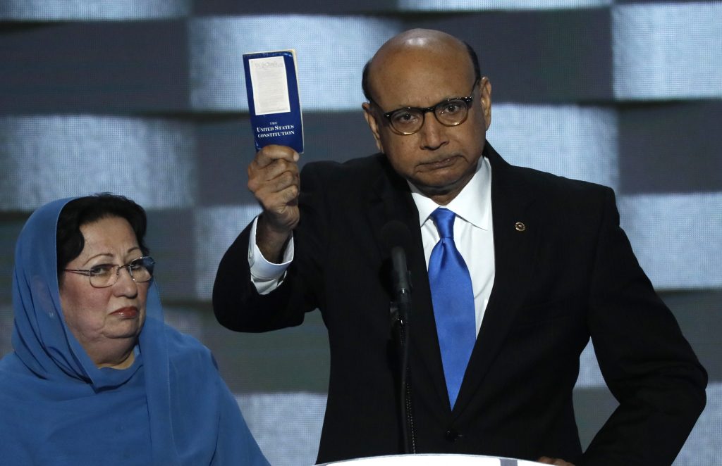 Khizr Khan whose son Humayun S. M. Khan was one of 14 American Muslims who died serving in the U.S. Army in the 10 years after the 9/11 attacks offers to loan his copy of the Constitution to Republican U.S. presidential nominee Donald Trump as he spe