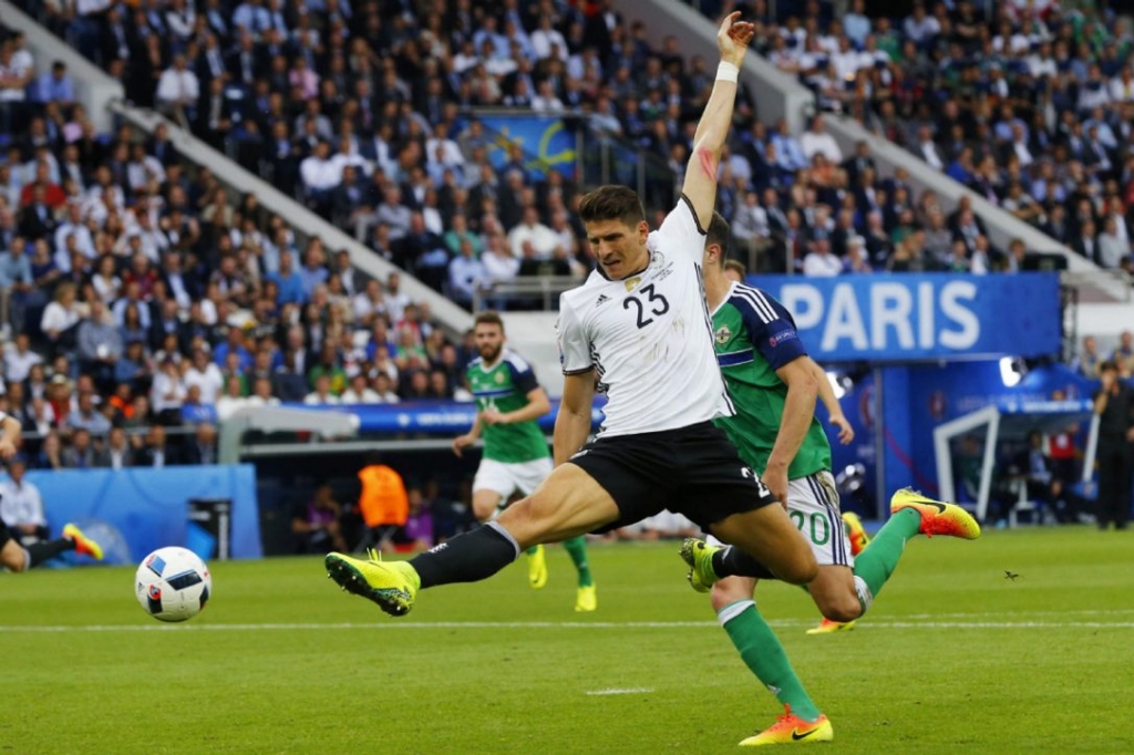 Germany forward Mario Gomez scored the only goal of the Euro 2016 group C football match between Northern Ireland and Germany at the Parc des Princes stadium in Paris