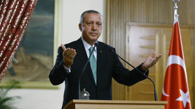 Turkey`s President Recep Tayyip Erdogan gesturing while speaking at the Ceremony Hall of the Grand National Assembly during his visit to the Turkish parliament for the first time since it was bombed during the coup attempt