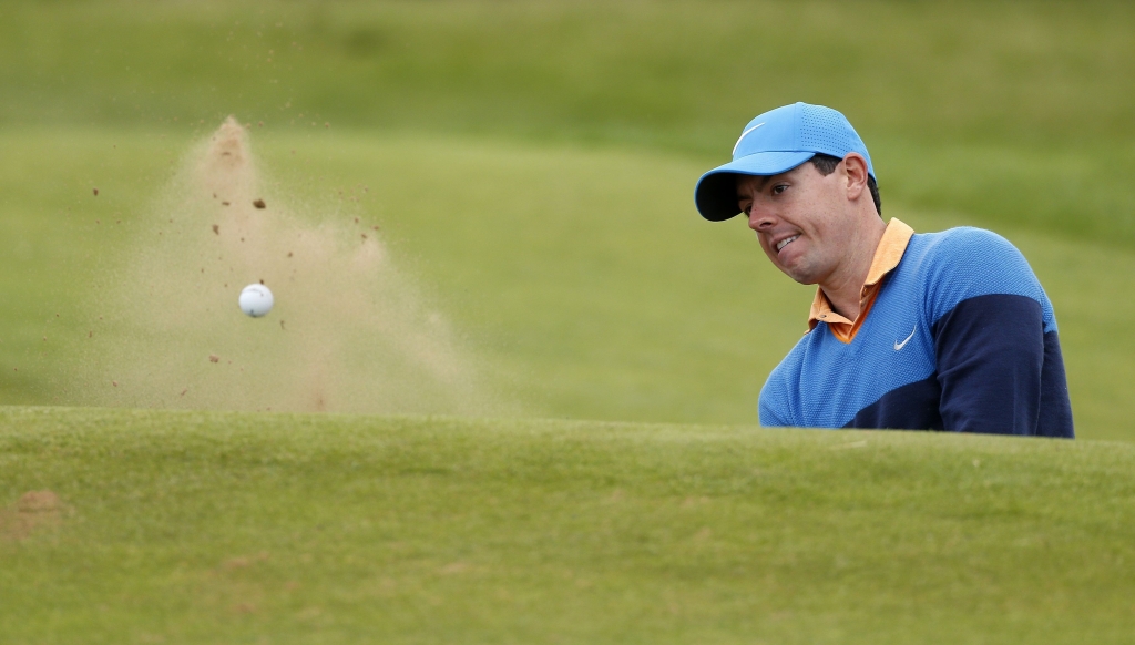 Rory Mc Ilroy escapes a bunker at the fifth during yesterday's practice round at Royal Troon