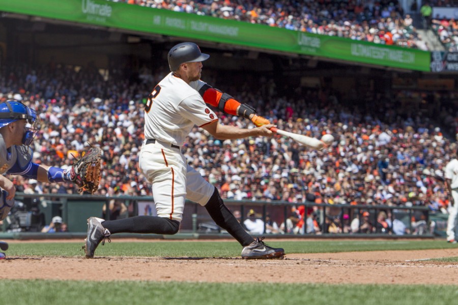 San Francisco Giants Right field Hunter Pence  hits a double during the Major League Baseball game between the Toronto Blue Jays and San Francisco Giants at AT&T Park in San Francisco CA