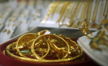 Gold products are displayed for sale at a shop in Hanoi