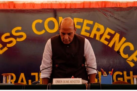 Indian Home Minister Rajnath Singh arrives for a press conference in Srinagar Indian controlled Kashmir Sunday July. 24 2016. Singh visited Kashmir over the weekend following street battles between government forces and protesters in the region. (AP