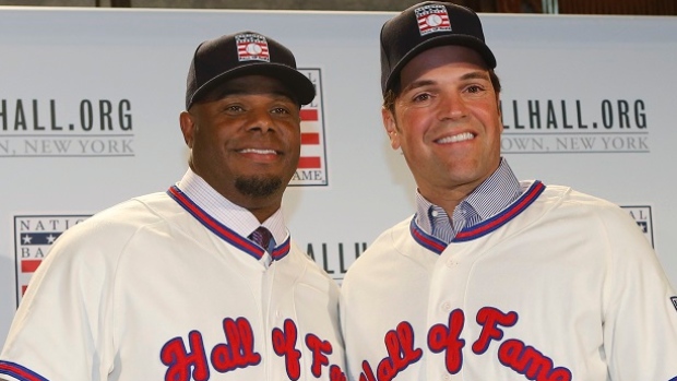 Ken Griffey Jr. left and Mike Piazza become the highest and lowest-drafted players elected to the National Baseball Hall of Fame