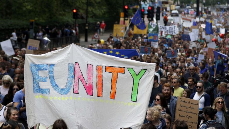 People hold banners during a 'March for Europe&#039 demonstration against Britain's decision to leave the European Union in central London Britain