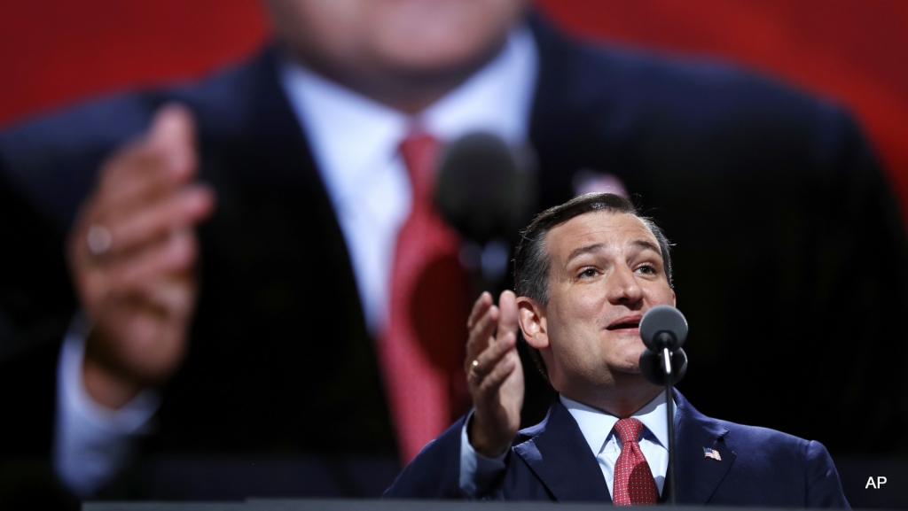 Sen. Ted Cruz R-Tex. addresses the delegates during the third day session of the Republican National Convention in Cleveland Wednesday