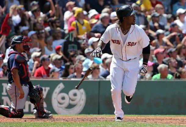 Hanley Ramirez watches his three-run blast sail into the Green Monster seats