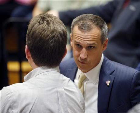 Corey Lewandowski talks to a member of the media at Nathan Hale High School in West Allis Wis. The Associated Press reported last month that Trump requires nearly everyone in his campaign and businesses to sign