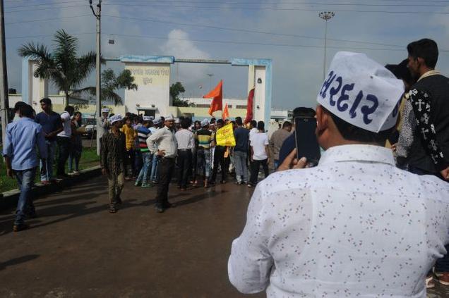 Supporters of the Patel agitation leader Hardik Patel gathered outside the Surat Central Jail on Friday.- Vijay Soneji