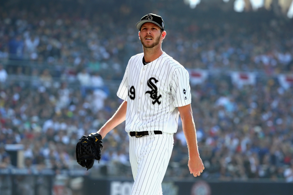 SAN DIEGO CA- JULY 12 Chris Sale #49 of the Chicago White Sox reacts during the 87th Annual MLB All Star Game at PETCO Park