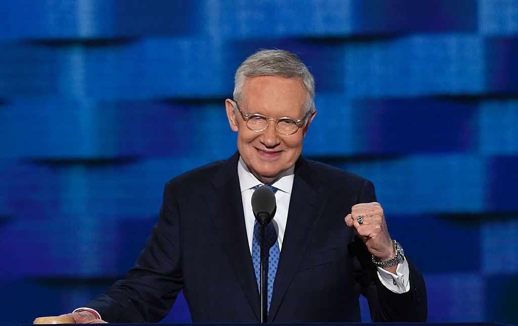 Senate Democratic Leader Harry Reid of Nevada arrives to speak on Day Three of the Democratic National Convention at the Wells Fargo Center in Philadelphia Pennsylvania