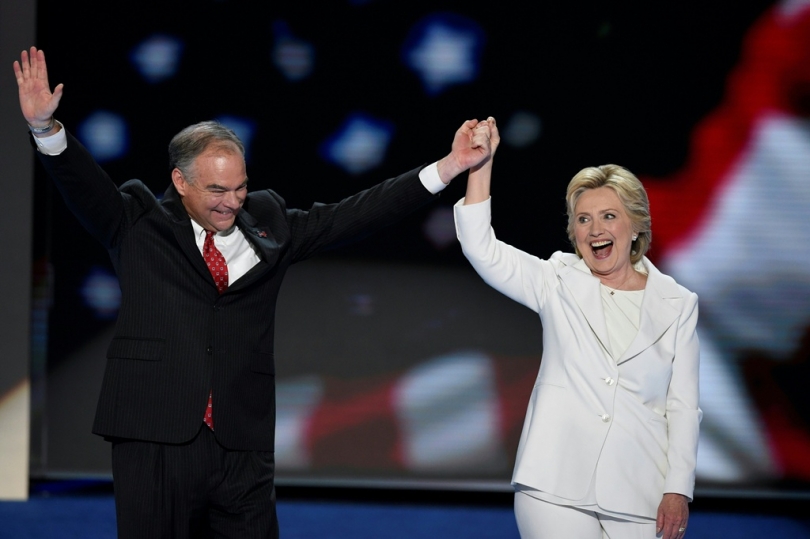 Balloons come down on Democratic presidential nominee Hillary Clinton and running mate Tim Kaine at the end of the fourth and final night of the Democratic National Convention at Wells Fargo Center on Thursday in Philadelphia Pennsylvania.  AFP