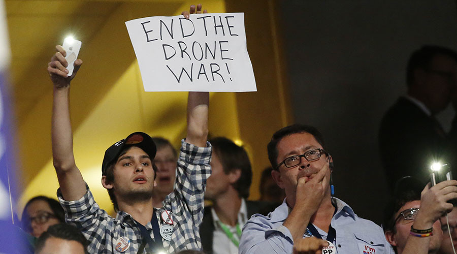 Attendees protest drone warfare as former Congressman and Secretary of Defense Leon Panetta speaks at the Democratic National Convention in Philadelphia Pennsylvania