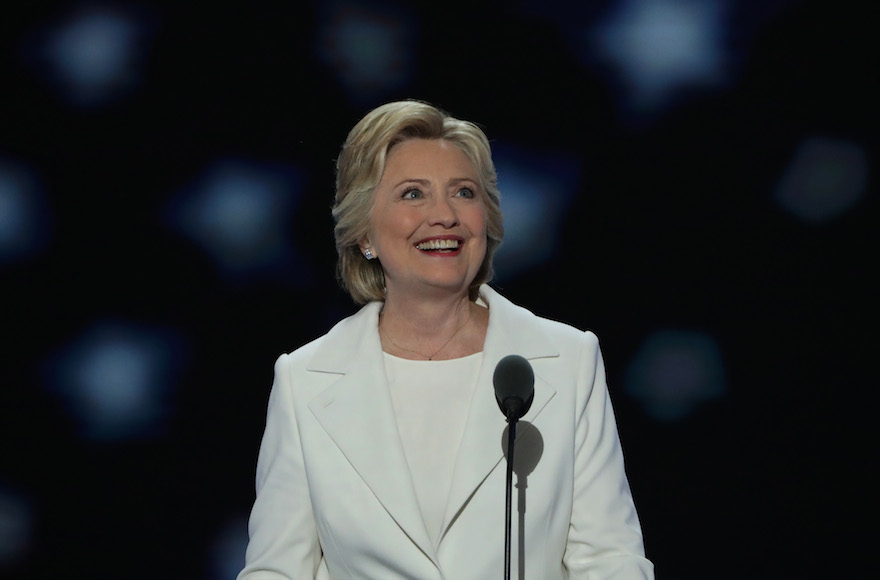 Hillary Clinton speaking on the fourth day of the Democratic National Convention at the Wells Fargo Center in Philadelphia