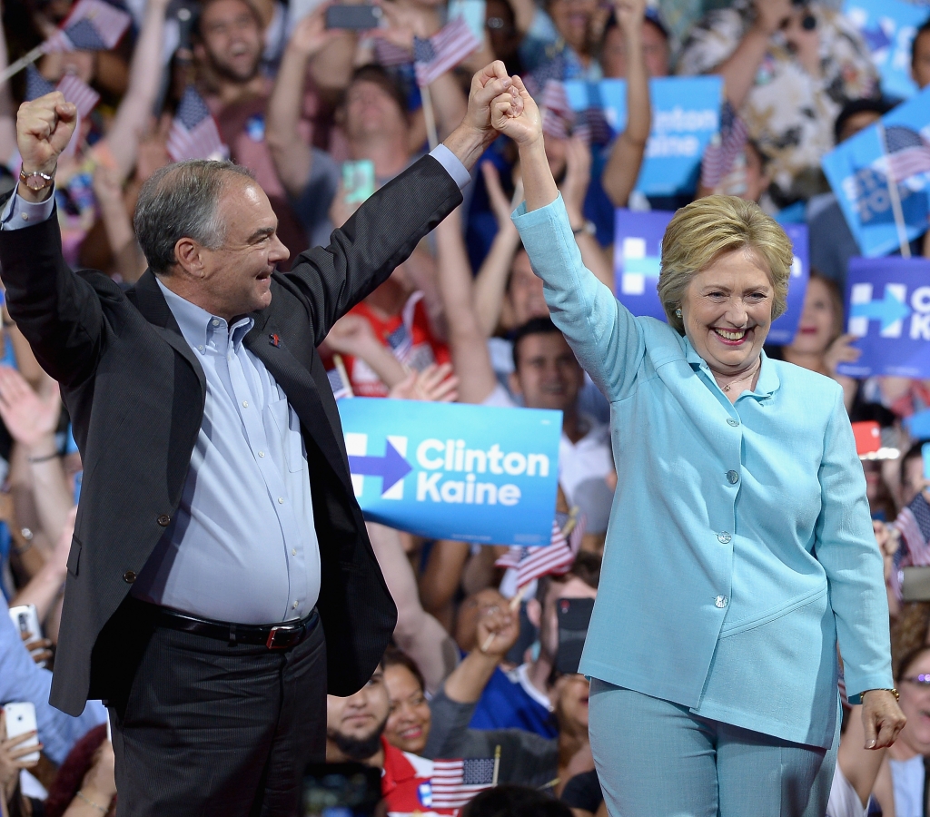 Democratic presidential candidate former Secretary of State Hillary Clinton and Democratic vice presidential candidate U.S. Sen. Tim Kaine attend together a campaign rally at Florida International University Panther Arena