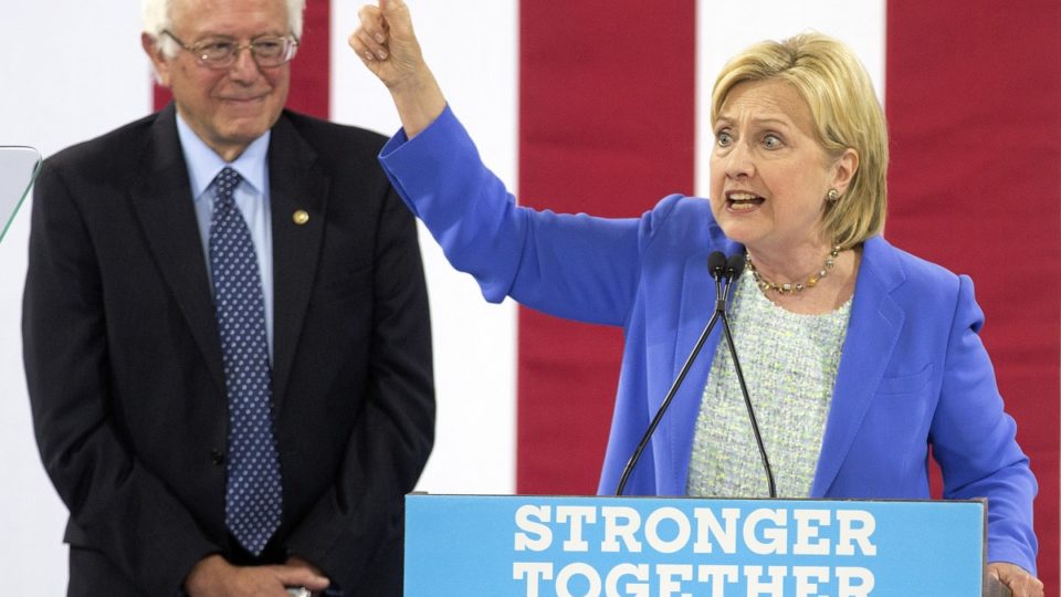 Hillary Clinton and Bernie Sanders at an event on Tuesday