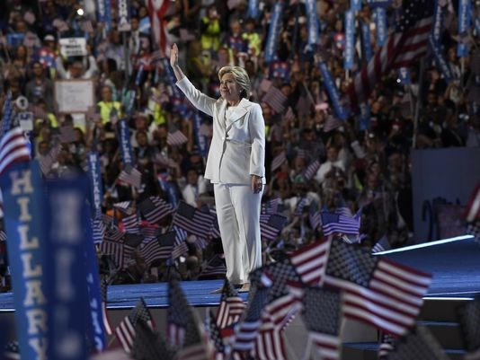 Hillary Clinton arrives on stage to speak at the Democratic National Convention in Philadelphia