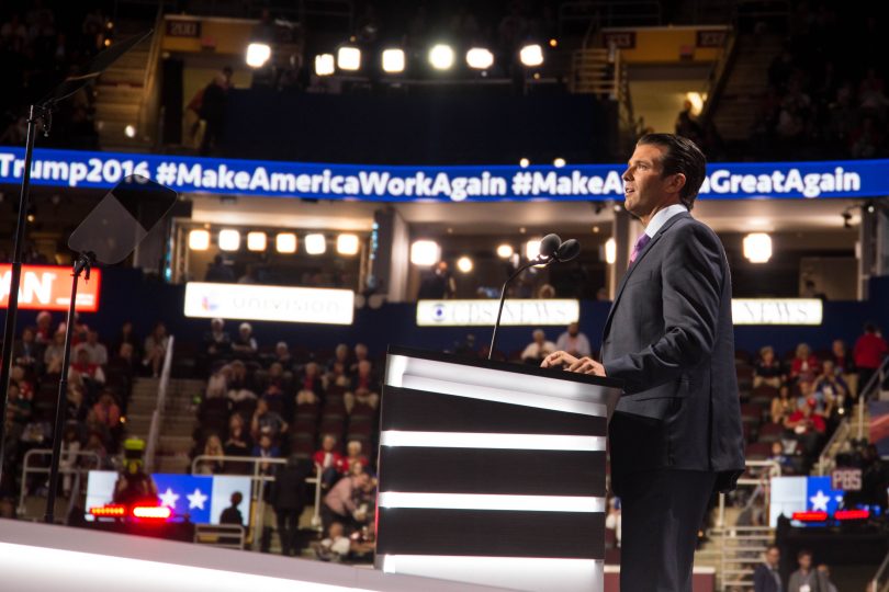 Donald Trump Jr. the eldest son of the Republican Party's presidential nominee Donald Trump talks about the strenght of his father on the second day of the Republican National Convention at Quicken Loans Arena on Tue