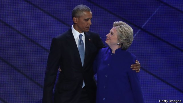 Hillary Clinton joined Barack Obama on stage after his speech