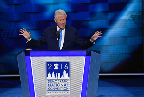 Former US president Bill Clinton addresses the second day of the Democratic National Convention at the Wells Fargo Center