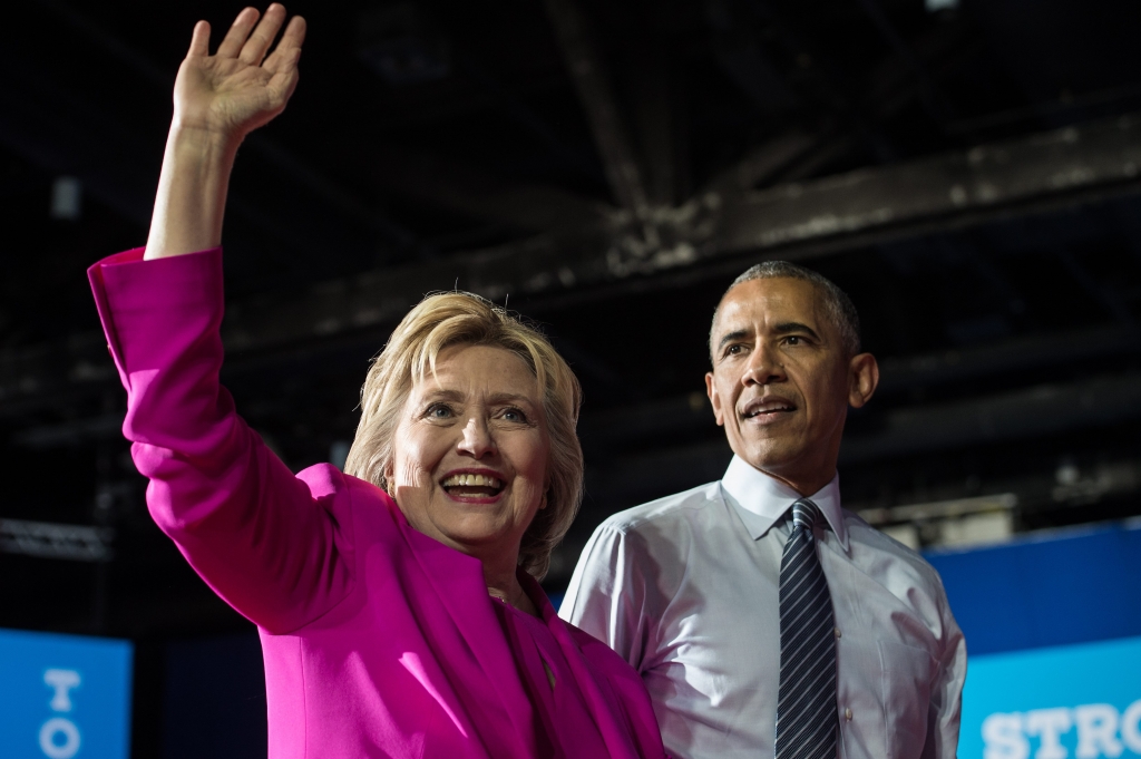 President Barack Obama and Democratic presidential candidate Hillary Clinton leave a campaign event in Charlotte North Carolina