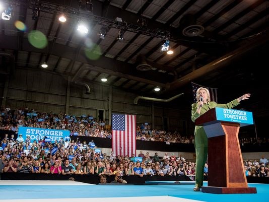 Hillary Clinton speaks at a rally in Entertainment Hall at the Florida State Fairgrounds in Tampa